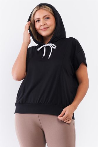 Black Short Wing Sleeve Relaxed Fit White Draw String Tie Hood Detail Top - KandyKouture - Modalova