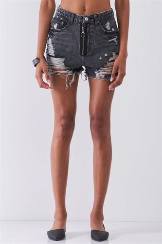 Ripped High-waist Front Zip-up Raw Hem Detail Distressed Mini Shorts - KandyKouture - Modalova