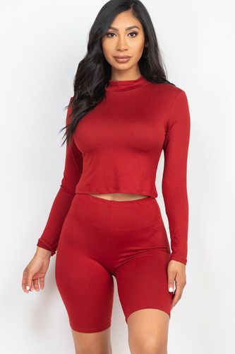 Mock Neck Top & Biker Shorts Set - KandyKouture - Modalova