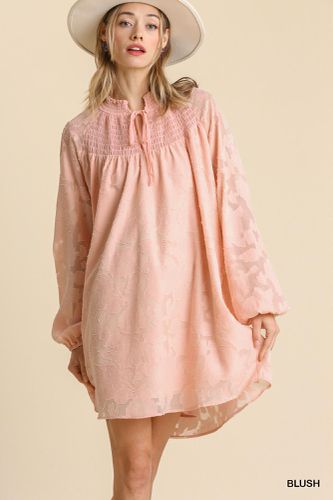 Jacquard Raglan Smocked Tie Neck Yoke Dress - KandyKouture - Modalova