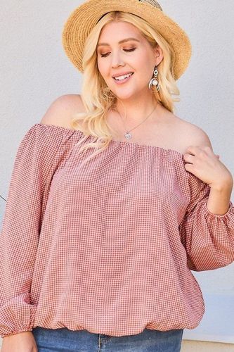 Off Shoulder Long Bubble Sleeve Plaid Top - KandyKouture - Modalova