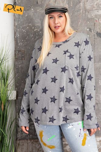 Plus Size Star Printed Poly Rayon Loose Fit Top - KandyKouture - Modalova