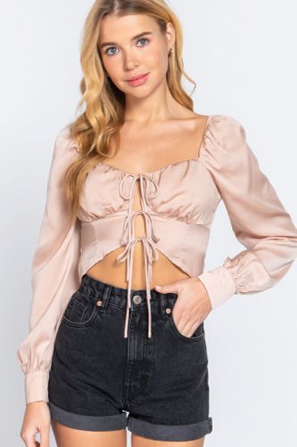 Long Sleeve Sweetheart Neck Front Ribbon Tie Detail Woven Top - KandyKouture - Modalova