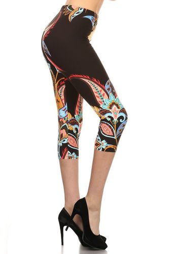 Paisley Floral Pattern Printed Lined Knit Capri Legging With Elastic Waistband - KandyKouture - Modalova