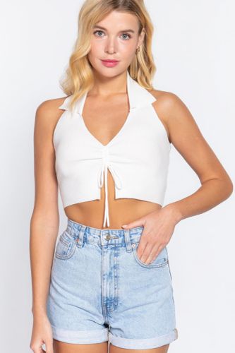 Halter Ruched Crop Sweater Knit Top - KandyKouture - Modalova