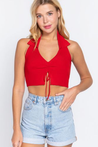 Halter Ruched Crop Sweater Knit Top - KandyKouture - Modalova