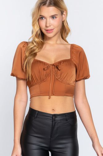 Short Slv Shirring Satin Crop Top - KandyKouture - Modalova