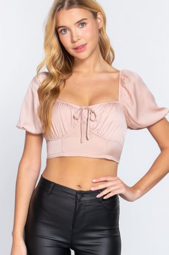 Short Slv Shirring Satin Crop Top - KandyKouture - Modalova