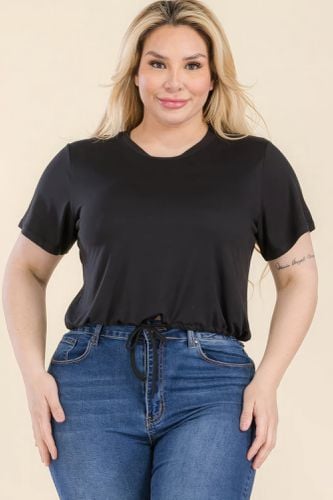 Plus Size Tie Front Drawstring Short Sleeve Crop Top - KandyKouture - Modalova