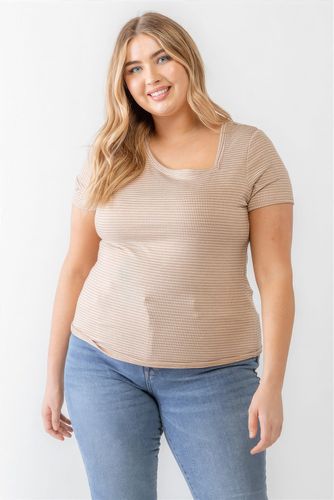 Plus Taupe Waffle Knit Angled Neck Short Sleeve Top - KandyKouture - Modalova