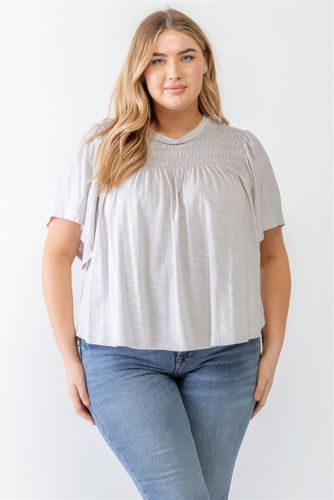 Plus Grey Cotton Blend Smoked Short Sleeve Top - KandyKouture - Modalova