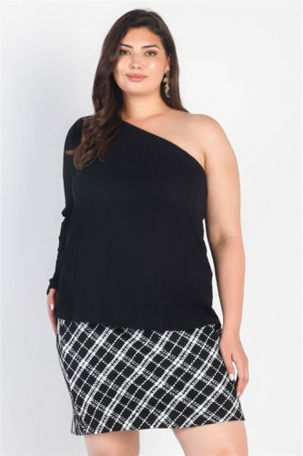 Plus Black Ribbed One Shoulder Top - KandyKouture - Modalova