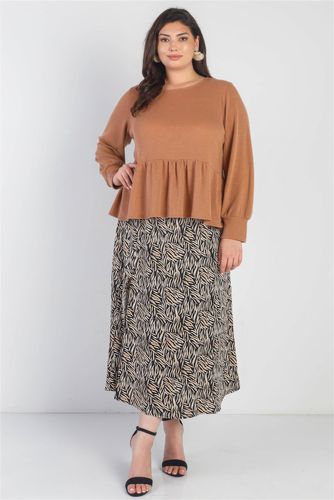 Plus Caramel Waffle Knit Back Button Detail Long Sleeve Top - KandyKouture - Modalova