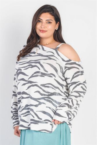 Plus White & Charcoal Zebra Flannel Cold Shoulder Long Sleeve Top - KandyKouture - Modalova