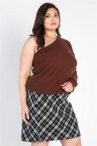 Plus Brown Ribbed Textured One Shoulder Top - KandyKouture - Modalova