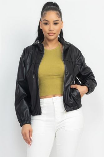 Faux Leather Hoodie Jacket - KandyKouture - Modalova