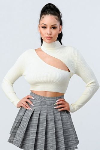 Lux Sweater Rib Cutout Mock Neck Crop Top - KandyKouture - Modalova