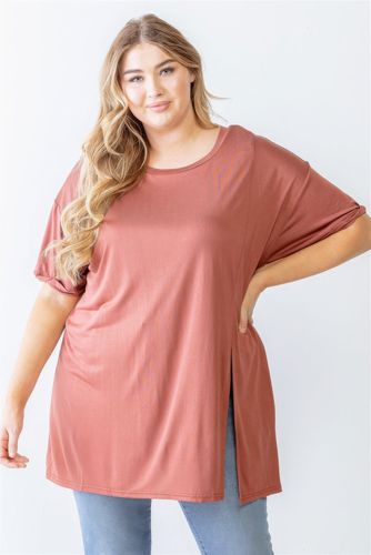 Plus Brick Round Neck Short Sleeve Relax Top - KandyKouture - Modalova