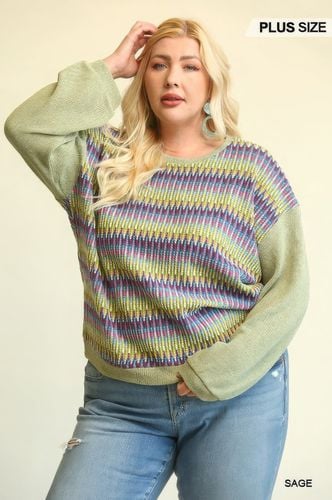 Novelty Knit And Solid Knit Mixed Loose Top With Drop Down Shoulder - KandyKouture - Modalova