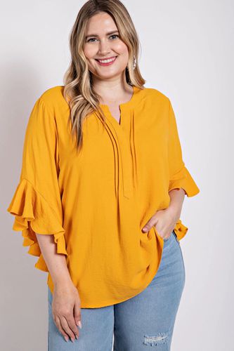 Ruffled Bell Sleeve And Front Pleated Detail Top - KandyKouture - Modalova