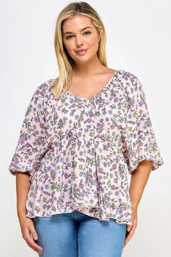 Floral V-neck Babydoll Balloon Slv Top - KandyKouture - Modalova