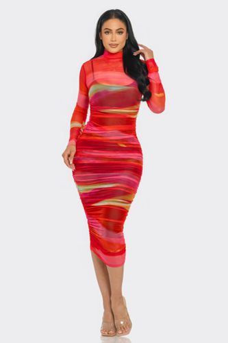 Glitch Print Mesh Ruched Midi Dress - KandyKouture - Modalova