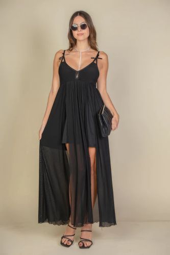 Plunge Neck Split Thigh Mesh Maxi Dress - KandyKouture - Modalova