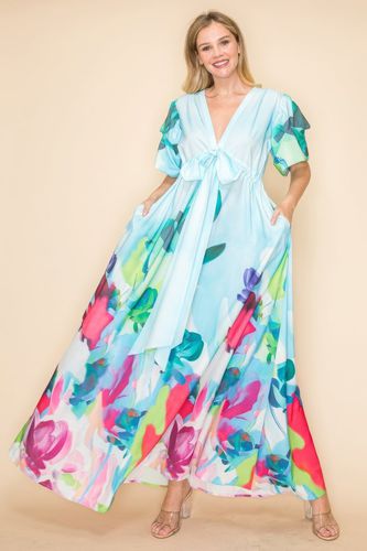 Printed V Neck Maxi Dress - KandyKouture - Modalova