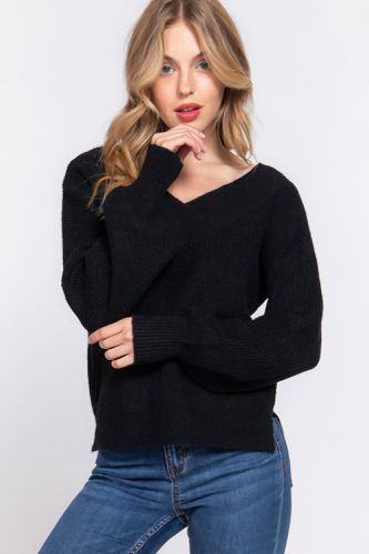 Long Slv Double V-neck Sweater - KandyKouture - Modalova