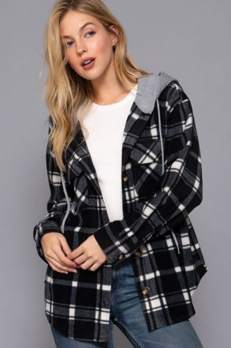 Plaid Print Hoodie Fleece Jacket - KandyKouture - Modalova