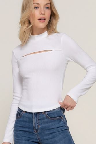 Long slv mock neck kyehole rib knit top - KandyKouture - Modalova