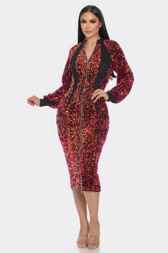 Midi 2 Way Zip Up Sequin Contrast Dress - KandyKouture - Modalova