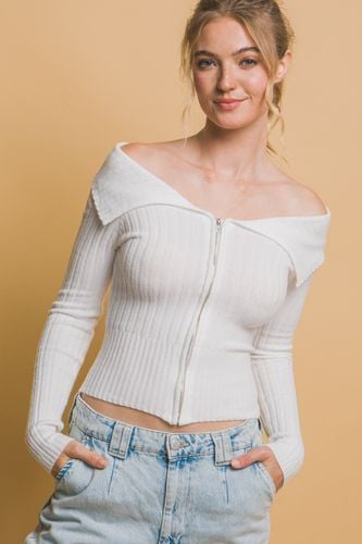 Ribbed bardot zip up long sleeve - KandyKouture - Modalova