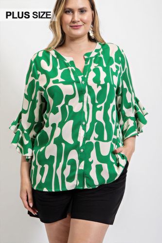 Geometric print ruffled bell sleeve woven top - KandyKouture - Modalova