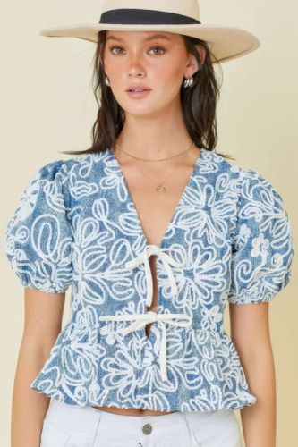 Denim Embroidered Crop Top With Front Tie Detail - KandyKouture - Modalova