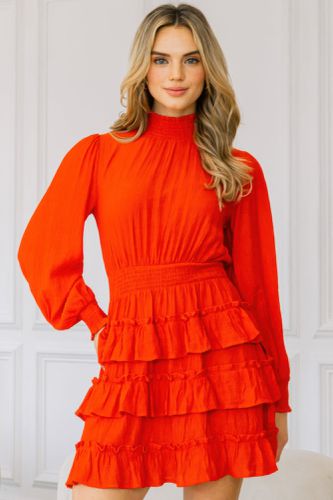 Long Sleeve Smocked Neck Tiered Ruffle Mini Dress - KandyKouture - Modalova