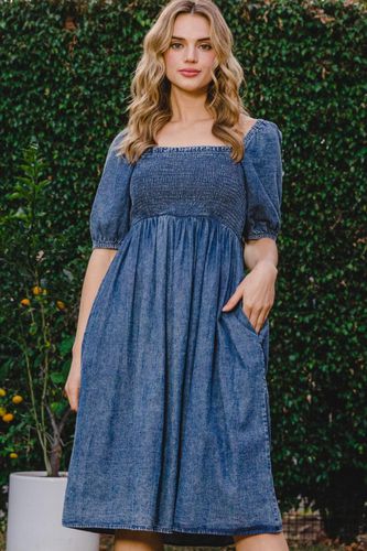 ODDI Full Size Washed Smocked Puff Sleeve Dress - Trendsi - Modalova