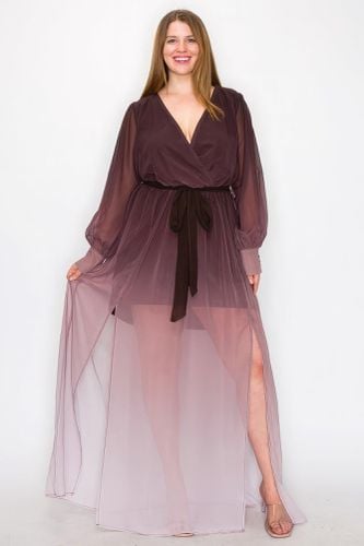 Ombre Chiffon Wrap Front Long Sleeve Tie Waist Slit Front Maxi Dress - KandyKouture - Modalova