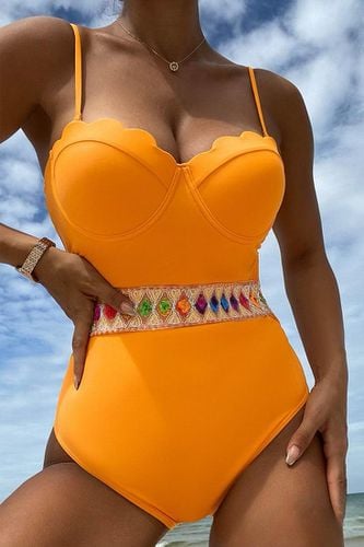 Orange Push-Up Cup Multi Rhinestone Belt Sexy 1Pc Swimsuit Monokini - AMIClubwear - Modalova