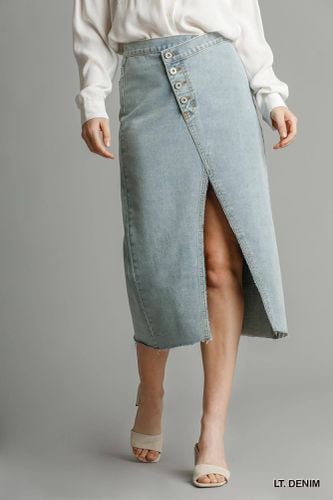 Asymmetrical Waist And Button Up Front Split Denim Skirt With Back Pockets And Unfinished Hem - KandyKouture - Modalova