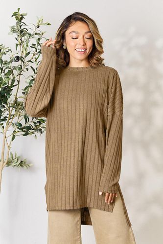 Basic Bae Full Size Ribbed Round Neck Long Sleeve Slit Top - Trendsi - Modalova