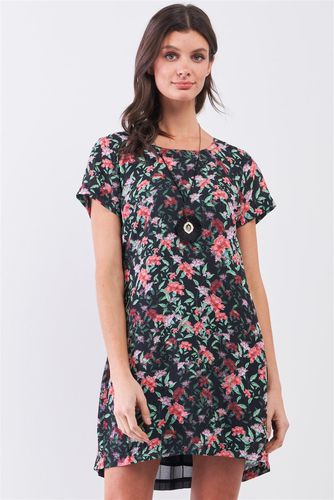 Black Multicolor Floral Print Pleated Back Detail Relaxed Mini Dress - KandyKouture - Modalova