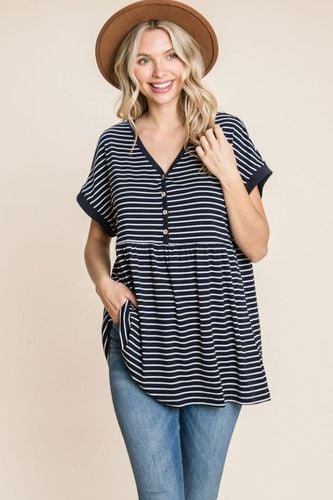 Cotton Bleu by Nu Label Striped Button Front Baby Doll Top - Trendsi - Modalova