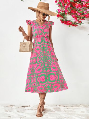 Printed V-Neck Cap Sleeve Dress - Trendsi - Modalova