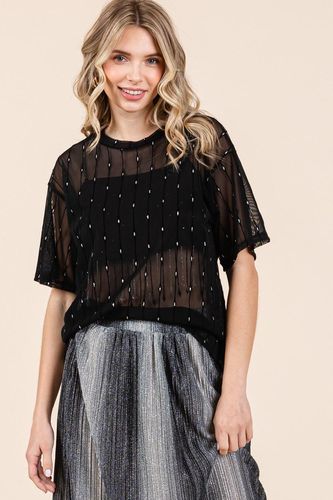 GeeGee Round Neck Drop Shoulder Mesh Glitter Top - Trendsi - Modalova