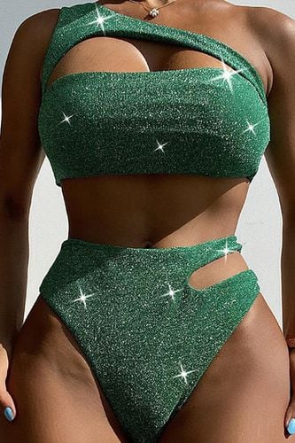 Green Shimmer Sparkly One Shoulder Cut Out High Waist Cheeky 2Pc Swimsuit - AMIClubwear - Modalova