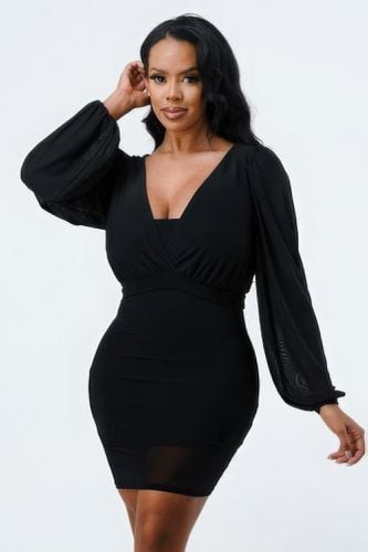 Lux Mesh Layered Lining V Neck Bubble Slv Bodycon Dress - KandyKouture - Modalova