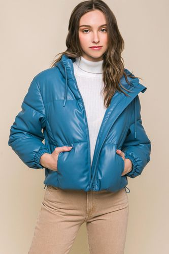 Pu Faux Leather Zipper Hooded Puffer Jacket - KandyKouture - Modalova