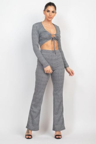 Plaid Cut-out Long Sleeve Top & Pants Set - KandyKouture - Modalova