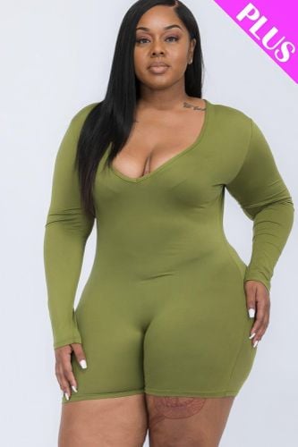 Plus V-neck Long Sleeve Bodycon Romper - KandyKouture - Modalova